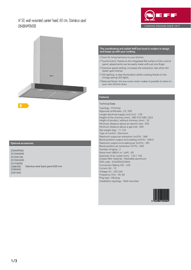 Página 1 del manual Ficha técnica Neff D64BHM1N0B