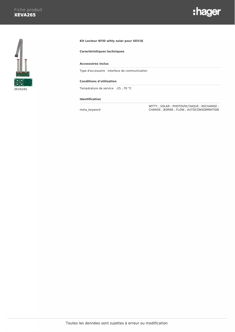 Página 1 del manual Ficha técnica Hager XEVA265