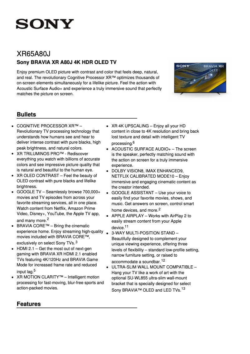 Página nº 1 - Ficha técnica Sony XR-65A80J