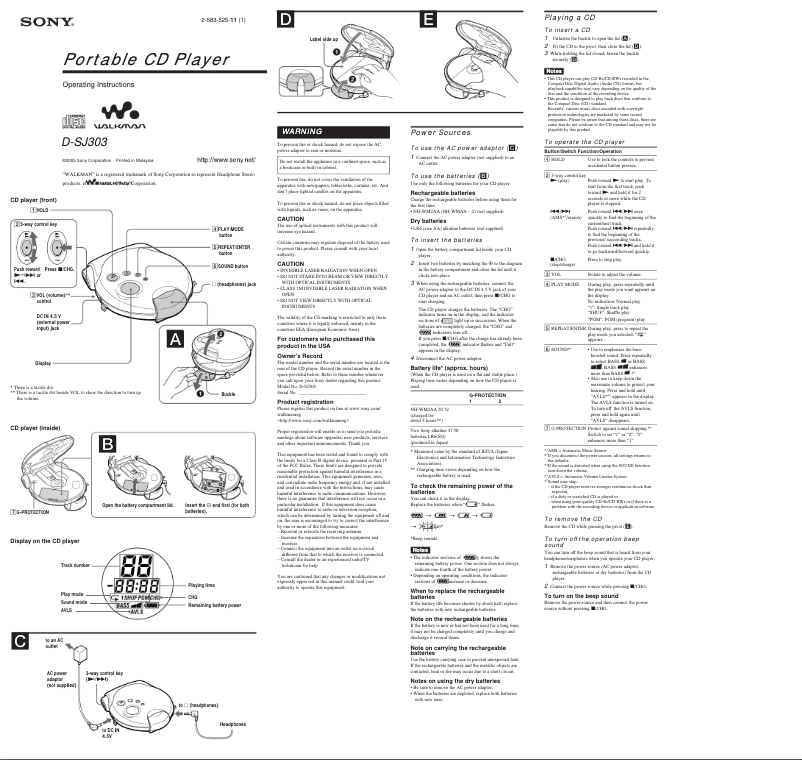Imagen de la primera página del manual del dispositivo Walkman D-SJ303