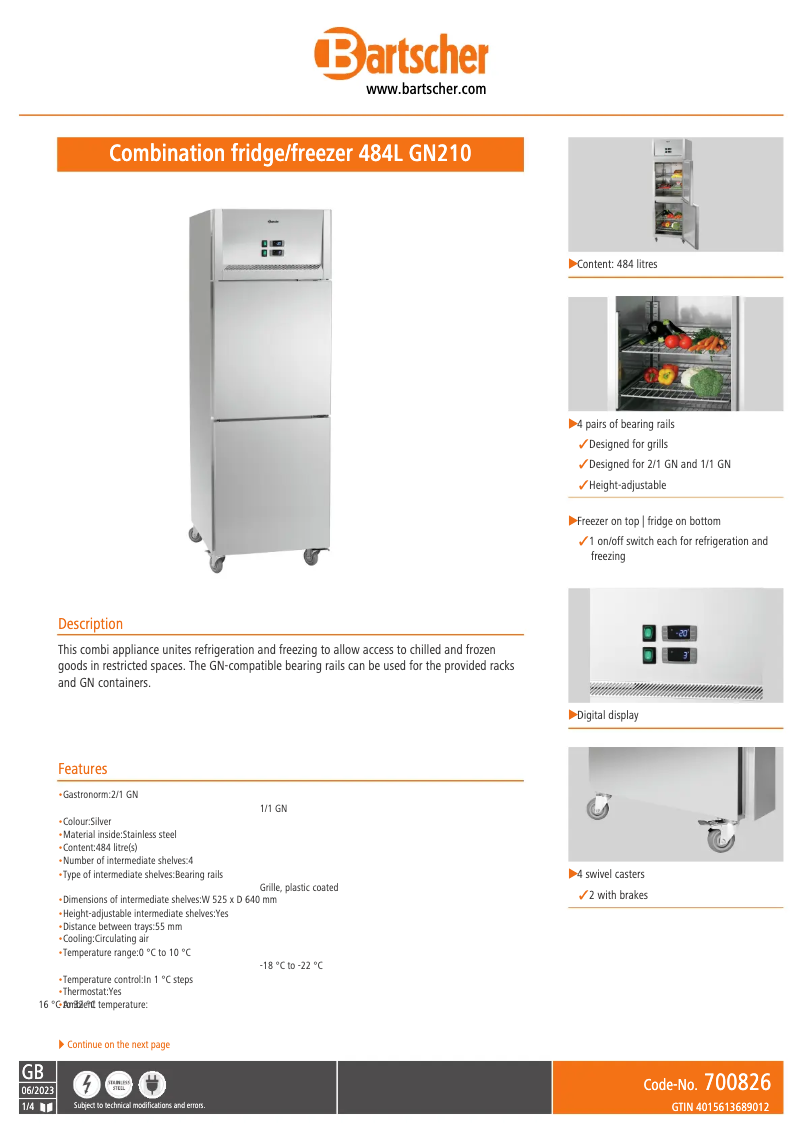 Página 1 del manual Ficha técnica Bartscher 484L GN210