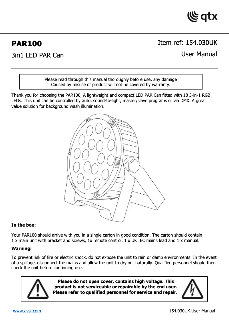 Imagen de la primera página del manual del dispositivo PAR100