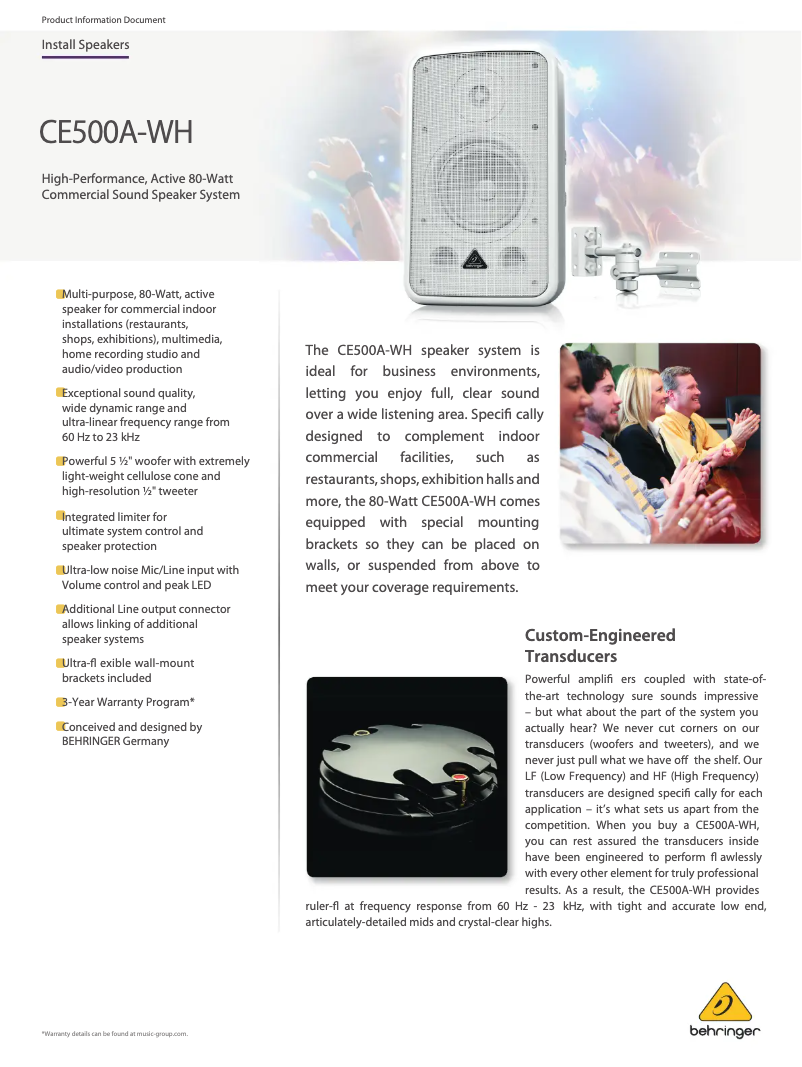 Página 1 del manual Ficha técnica Behringer CE500A-WH