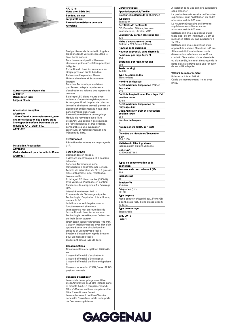 Página 1 del manual Ficha técnica Gaggenau AF210191