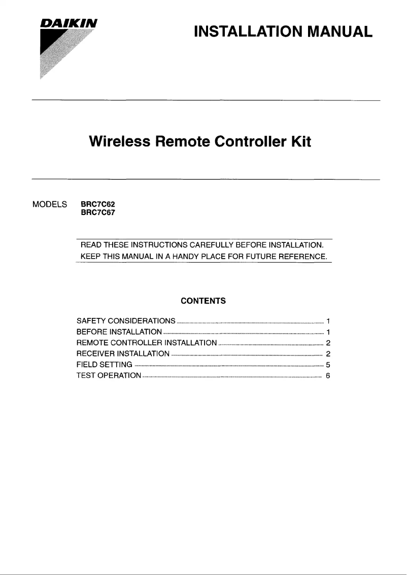 Página nº 1 - Guía de instalación Daikin BRC7C62