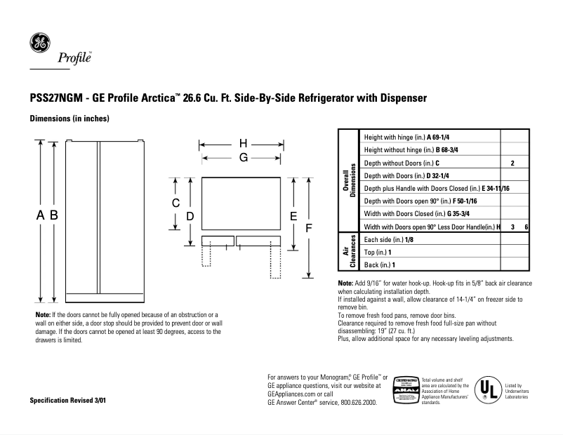 Página 1 del manual Ficha técnica GE Profile Arctica PSS27NGMWW