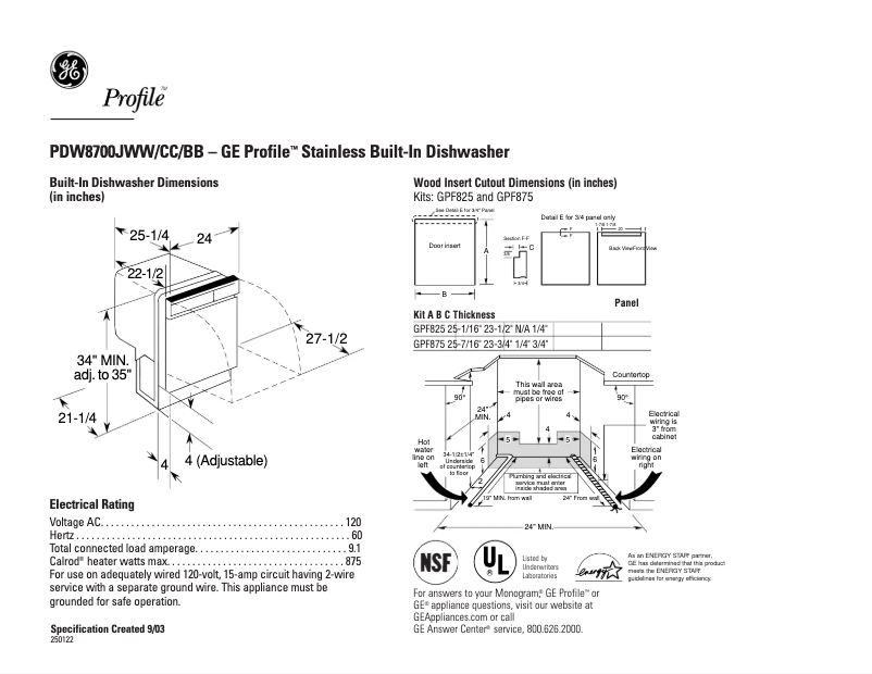 Página 1 del manual Ficha técnica GE Profile PDW8700JWW