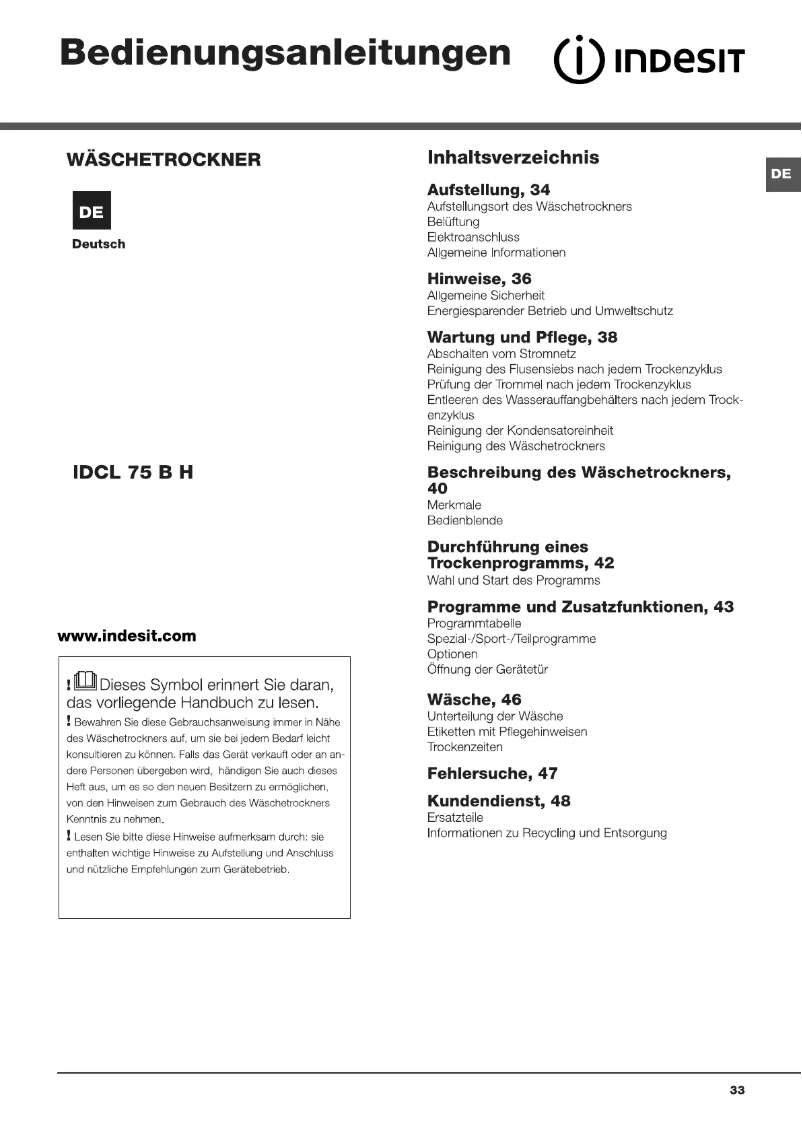 Página 1 del manual Manual de usuario Indesit IDCL 75 B H (IT)