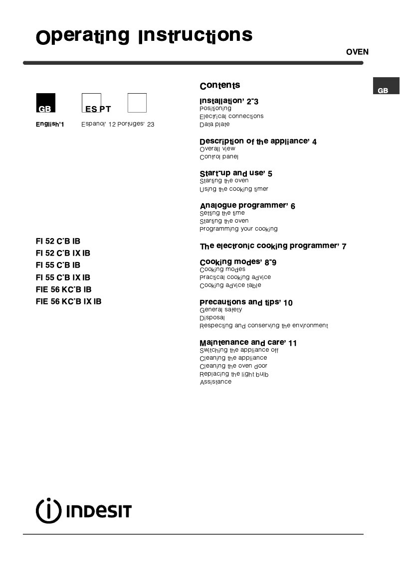 Página 1 del manual Manual de usuario Indesit FIE 56 KC.B IX IB