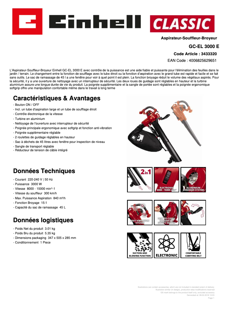 Página 1 del manual Ficha técnica Einhell GC-EL 3000 E