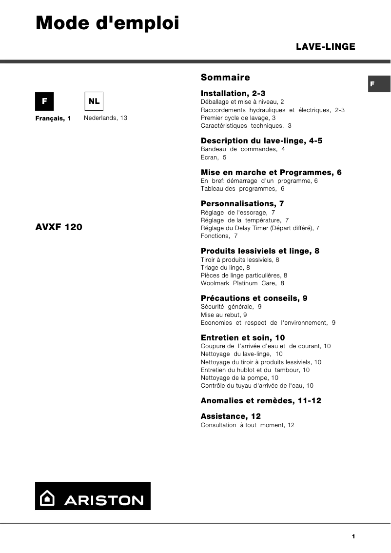 Imagen de la primera página del manual del dispositivo AVXF 120