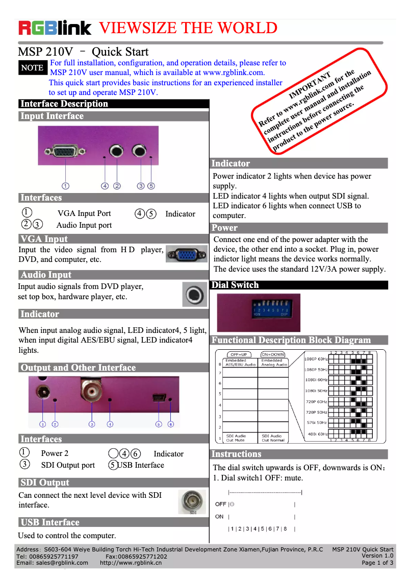 Imagen de la primera página del manual del dispositivo MSP 210V