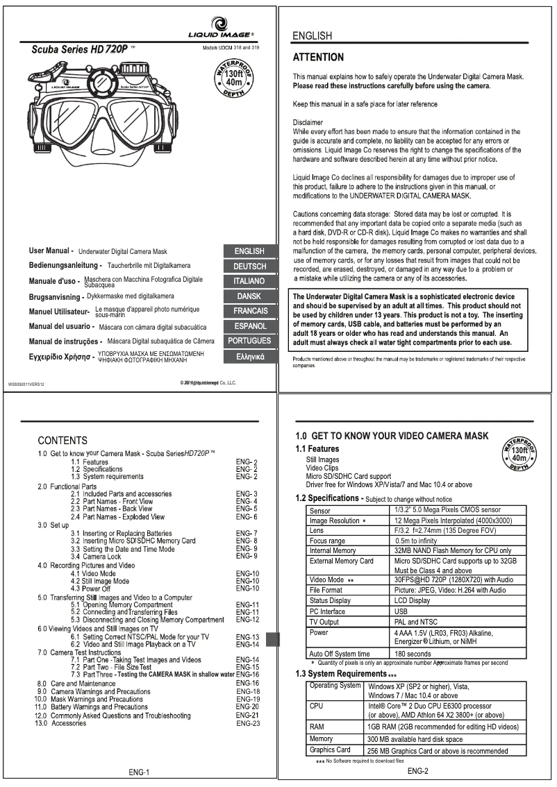 Imagen de la primera página del manual del dispositivo Liquid Image "Scuba 720p", XL