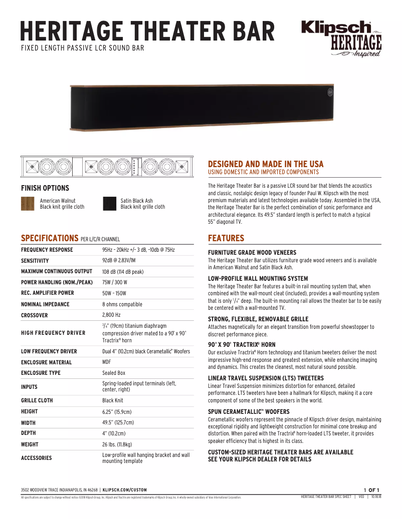 Página 1 del manual Ficha técnica Klipsch Heritage Theater Bar