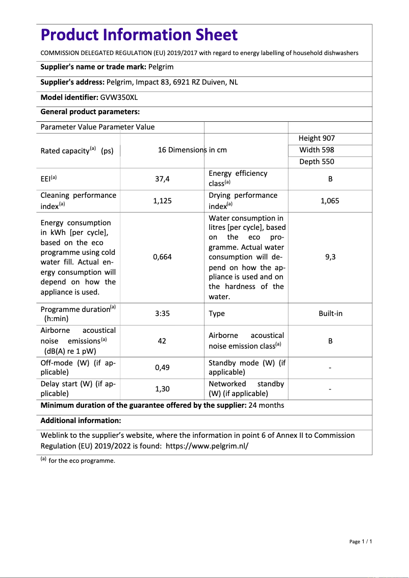 Página 1 del manual Ficha técnica Pelgrim GVW350XL