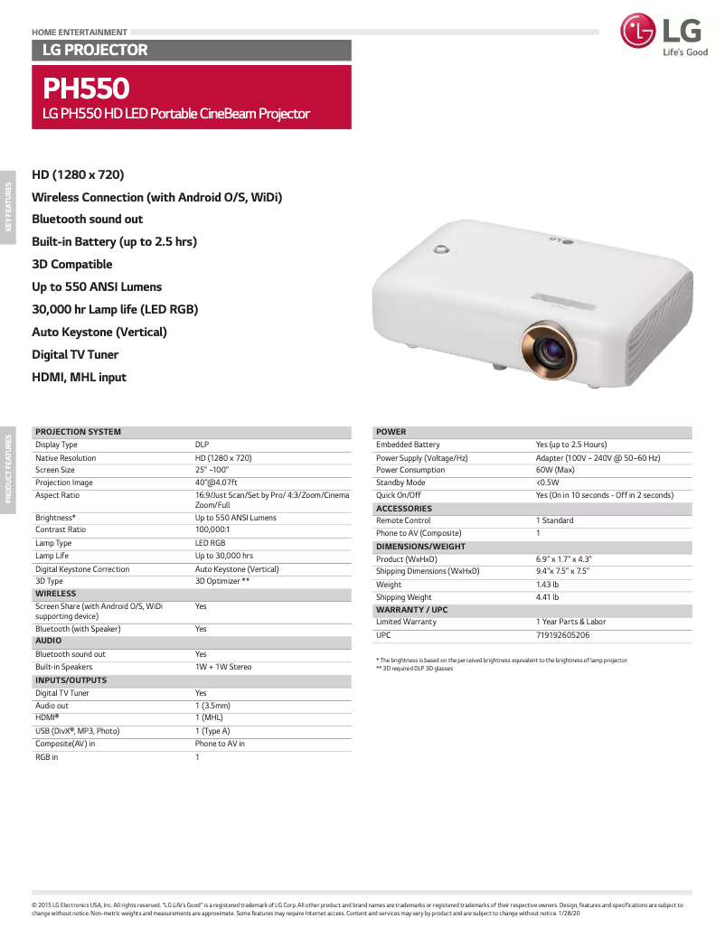 Página nº 1 - Ficha técnica LG PH550
