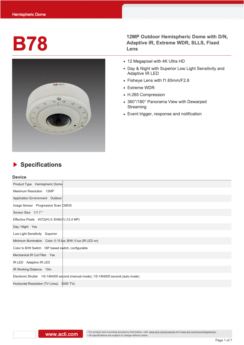 Página 1 del manual Ficha técnica ACTi B78