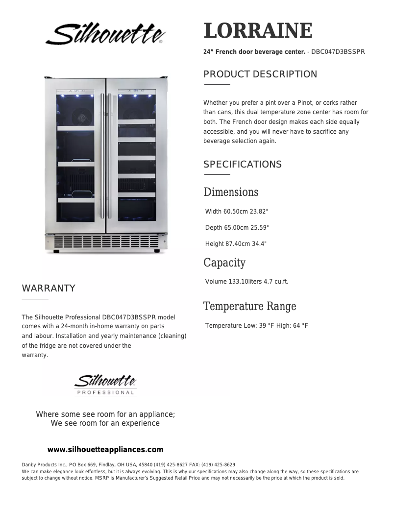 Página 1 del manual Ficha técnica Danby DBC047D3BSSPR