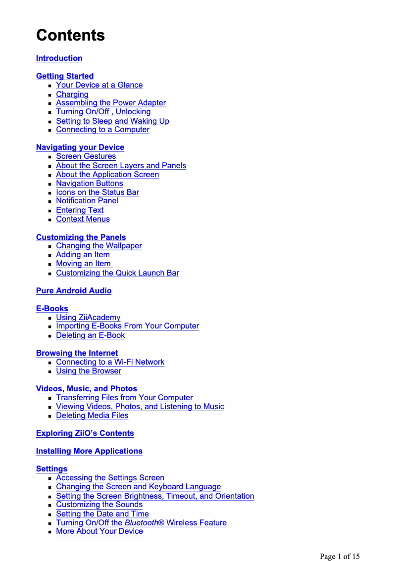 Imagen de la primera página del manual del dispositivo ZiiO