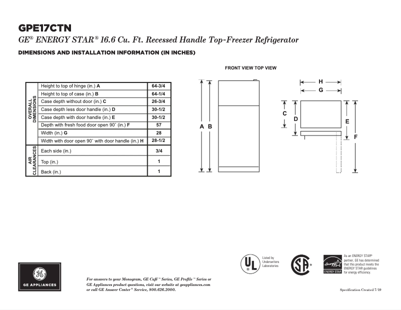 Página 1 del manual Ficha técnica GE GPE17CTNRWW