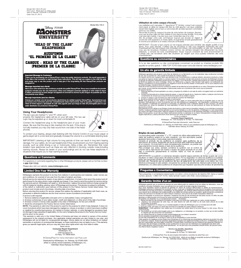 Imagen de la primera página del manual del dispositivo MU-140