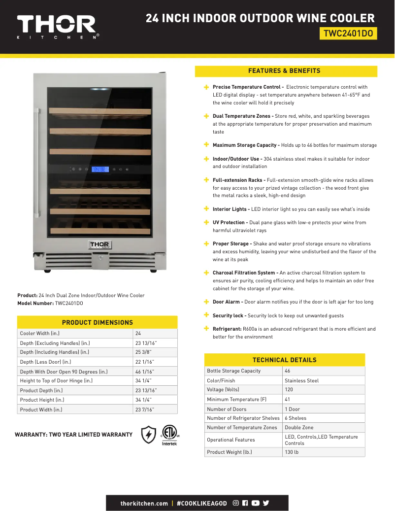 Página 1 del manual Ficha técnica Thor TWC2401DO