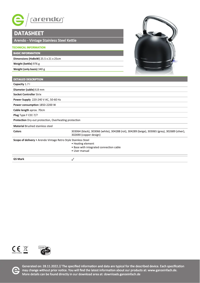 Página 1 del manual Ficha técnica Arendo Vintage 303066