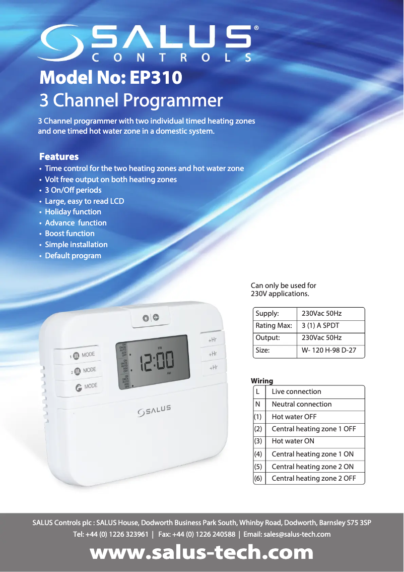 Página 1 del manual Ficha técnica Salus EP310
