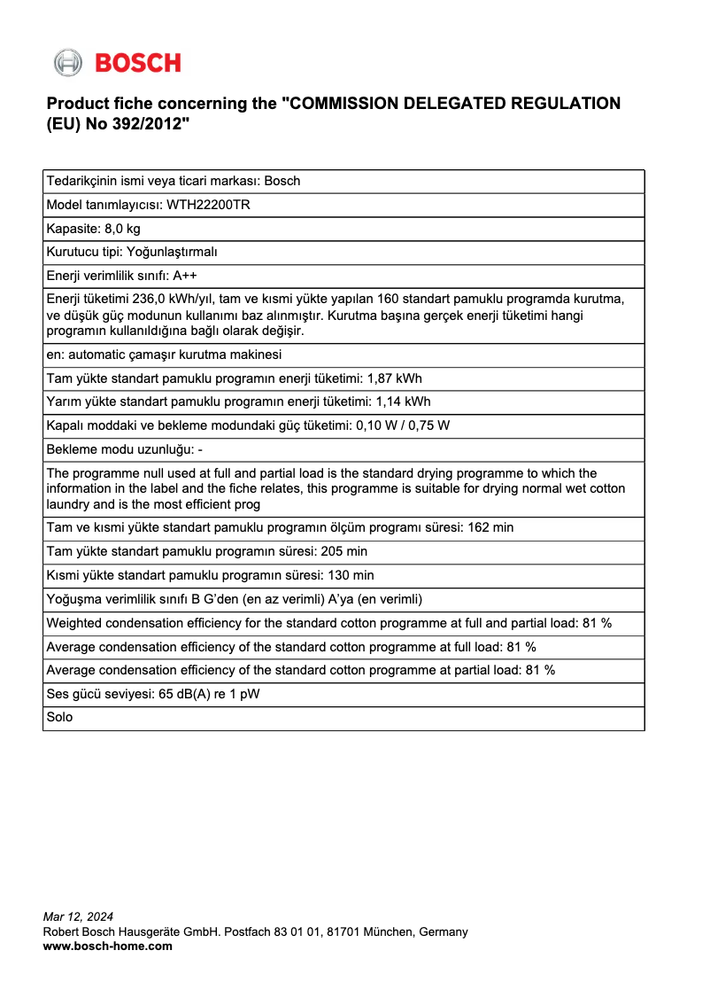 Página 1 del manual Ficha técnica Bosch WTH22200TR