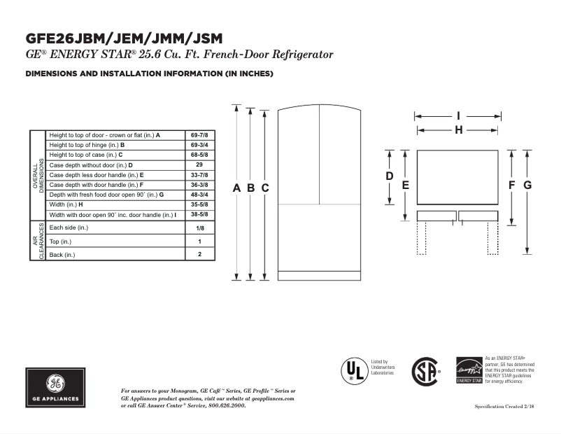 Página 1 del manual Ficha técnica GE GFE26JSMSS