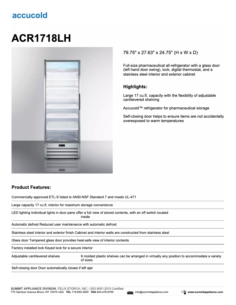 Página 1 del manual Ficha técnica Summit Accucold ACR1718LH