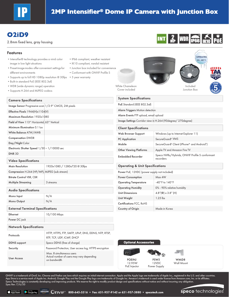 Página 1 del manual Ficha técnica Speco Technologies O2ID9