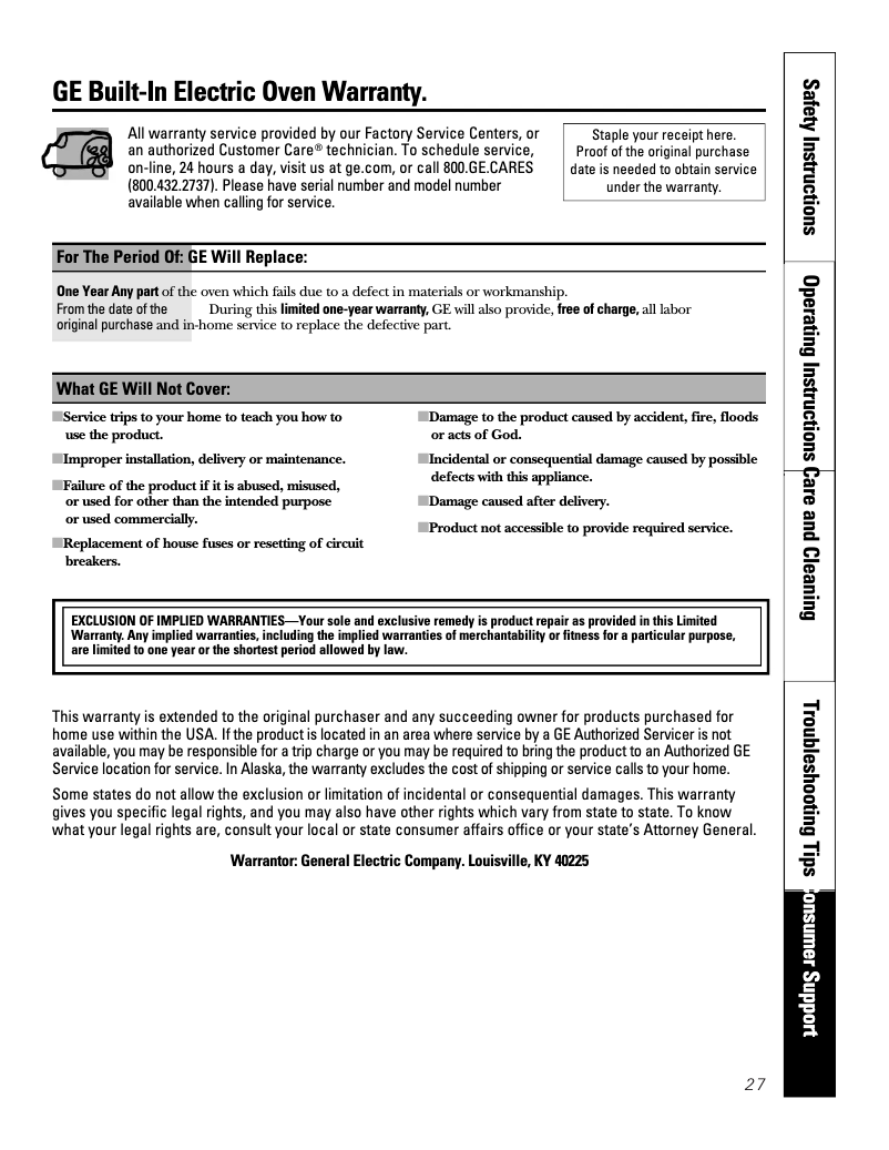 Página 1 del manual Información de garantía GE JTD5000SNSS
