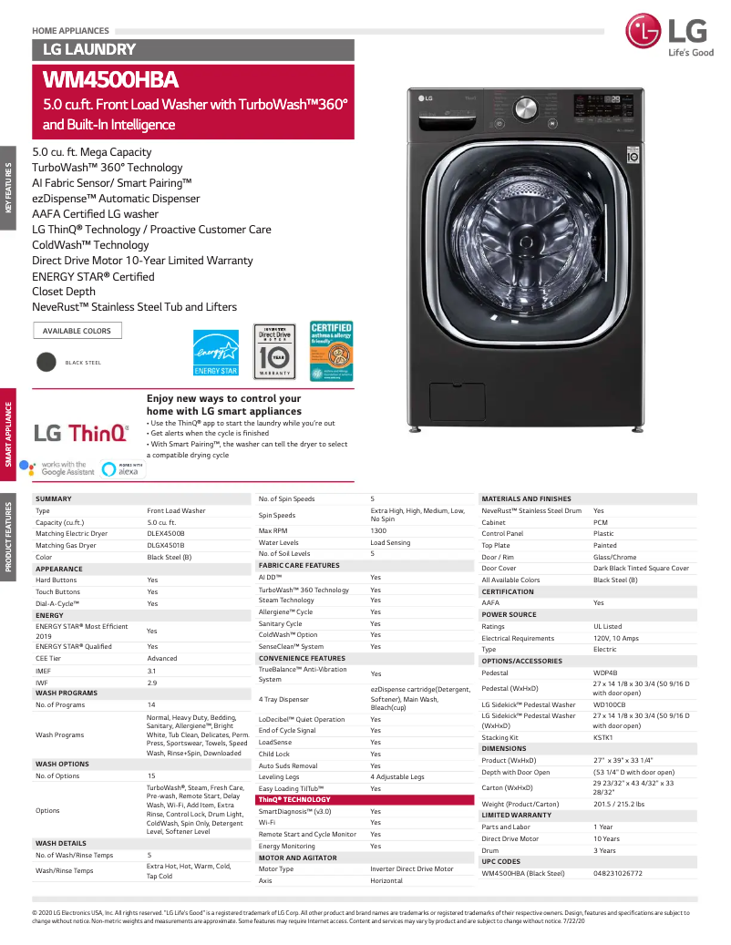 Página 1 del manual Ficha técnica LG WM4500HBA