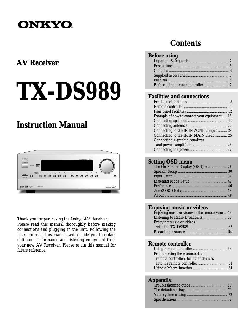 Imagen de la primera página del manual del dispositivo TX-DS989
