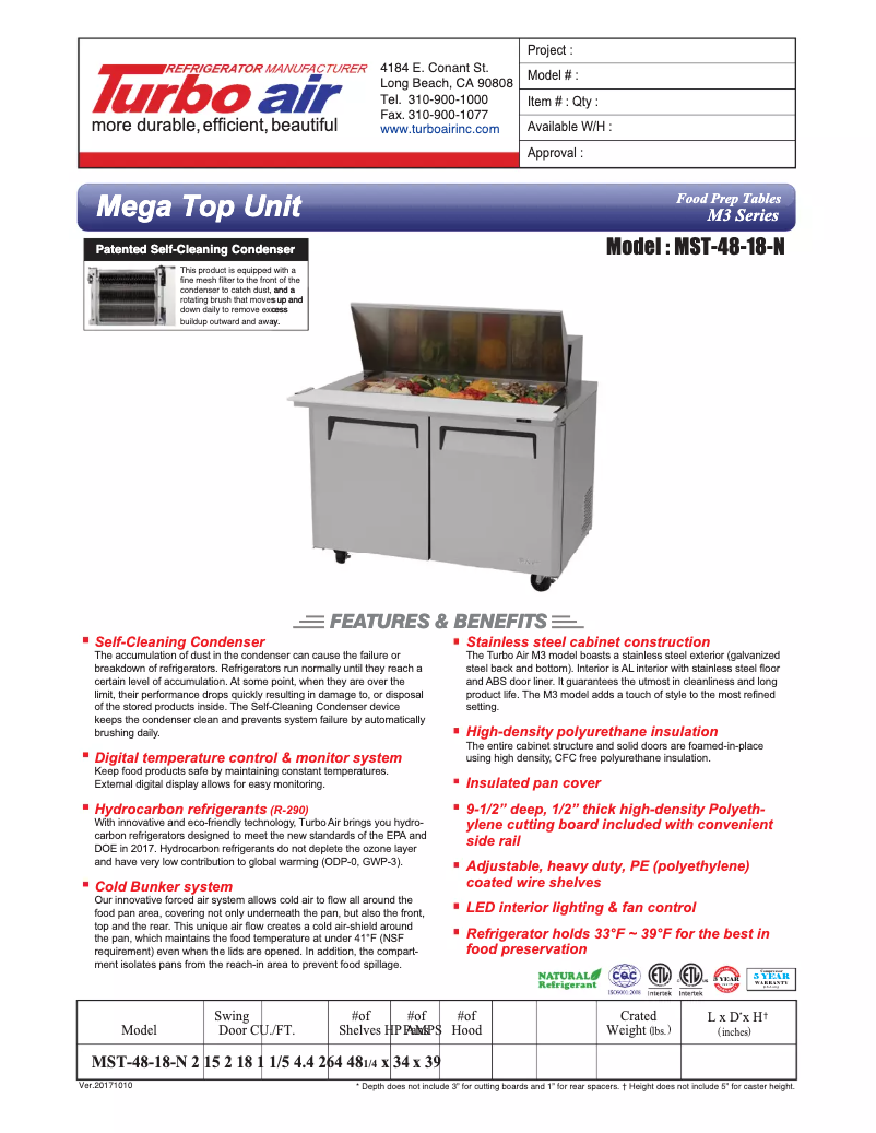 Página 1 del manual Ficha técnica Turbo air MST-48-18