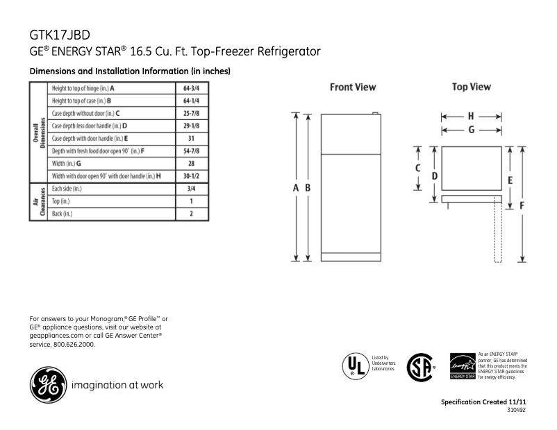 Página 1 del manual Ficha técnica GE GTK17JBDBS