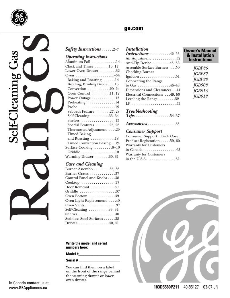 Imagen de la primera página del manual del dispositivo Profile JGB918SELSS