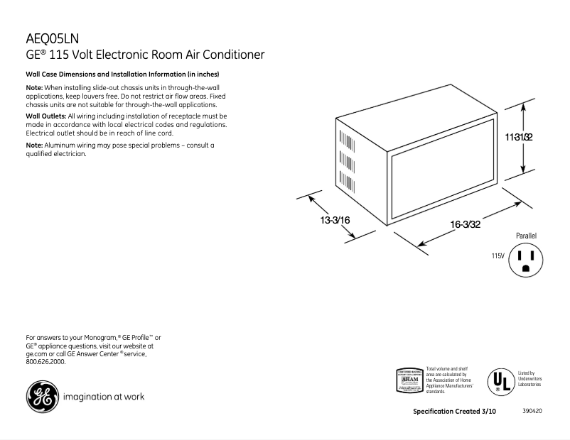 Página 1 del manual Ficha técnica GE AEQ05LN