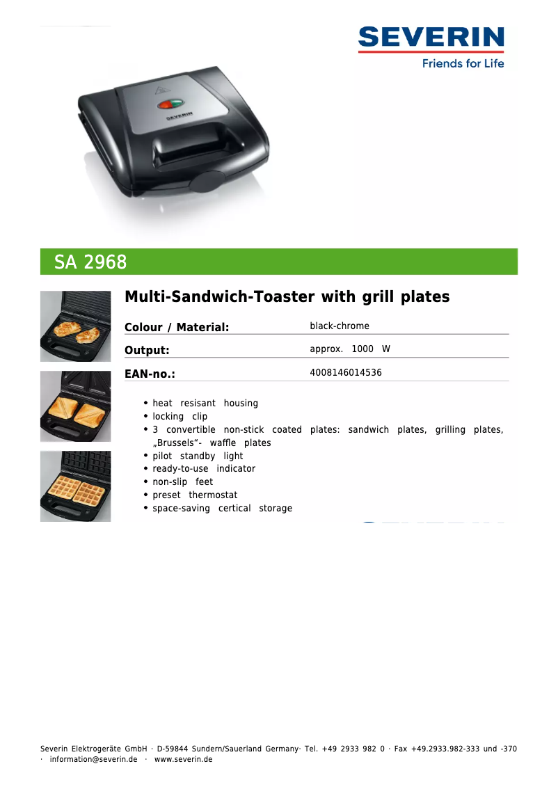Página 1 del manual Ficha técnica Severin SA 2968