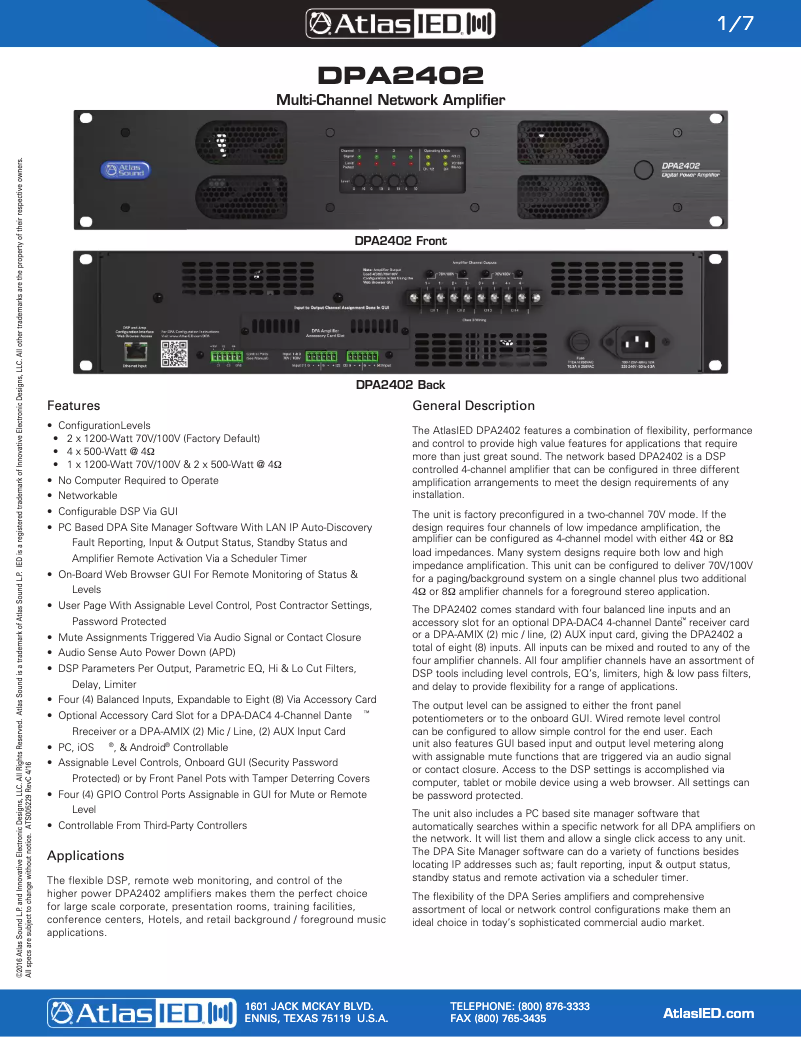 Página 1 del manual Folleto Atlas Sound DPA2402