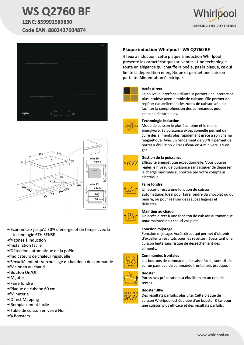 Página 1 del manual Ficha técnica Whirlpool WS Q2760 BF