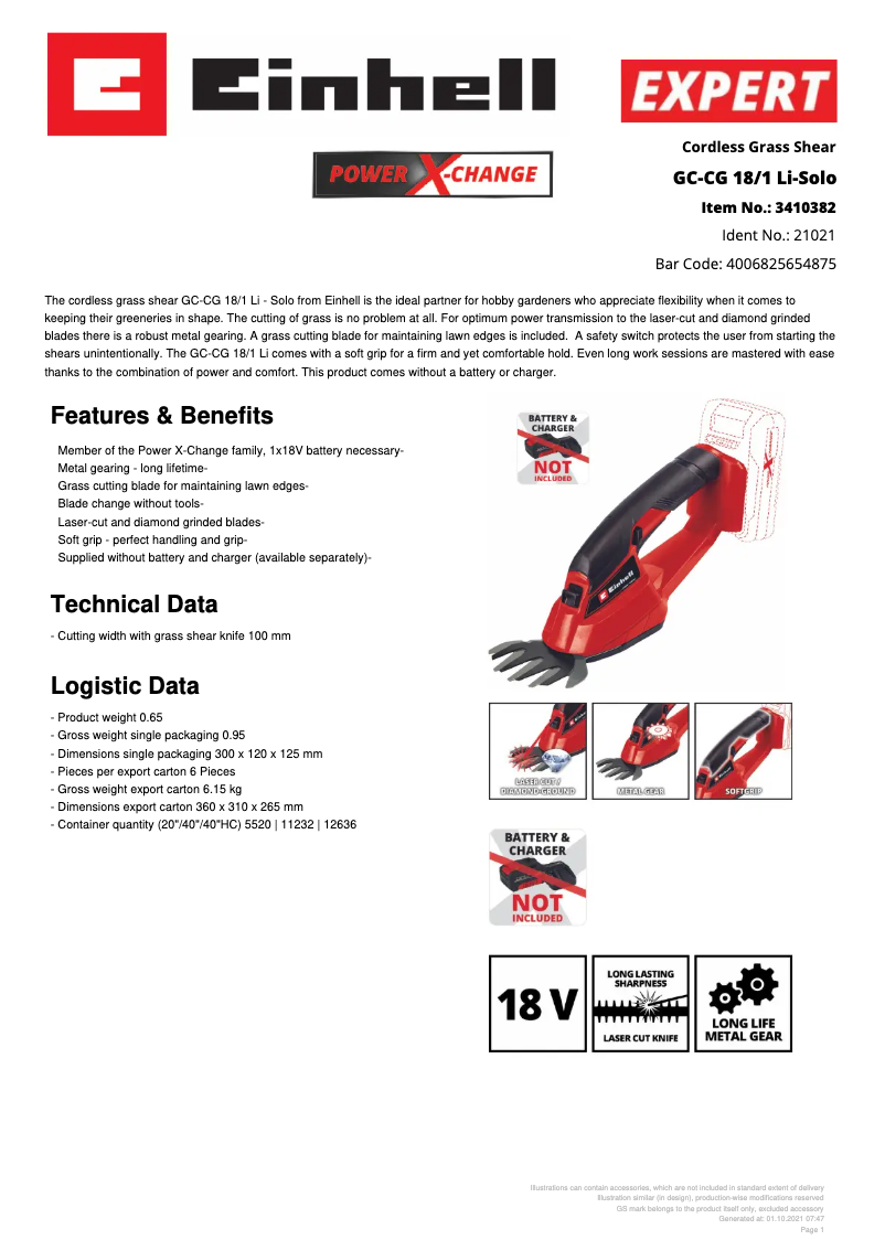 Página 1 del manual Ficha técnica Einhell GC-CG 18/1 Li