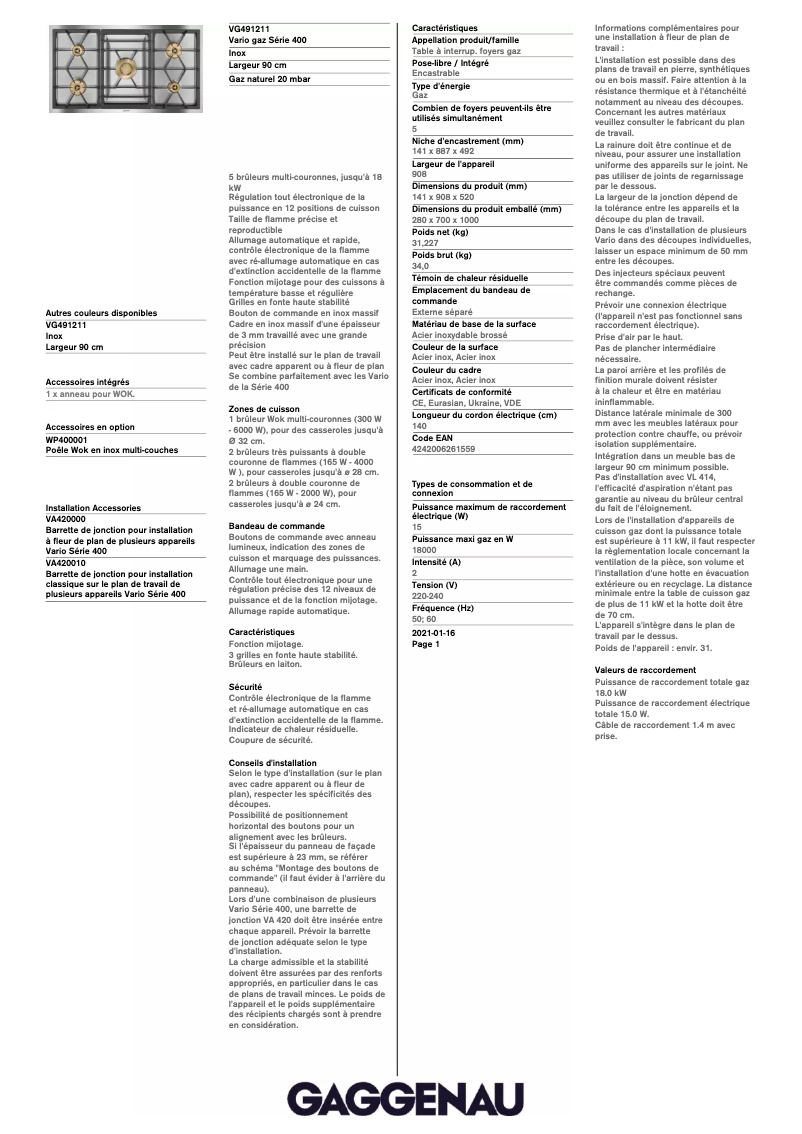 Página 1 del manual Ficha técnica Gaggenau VG491211