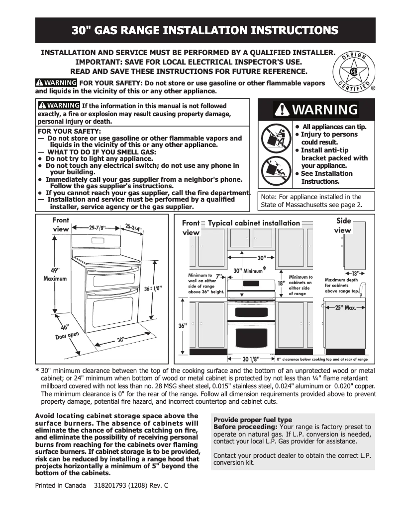 Página 1 del manual Guía de instalación Frigidaire FGGF304DLF