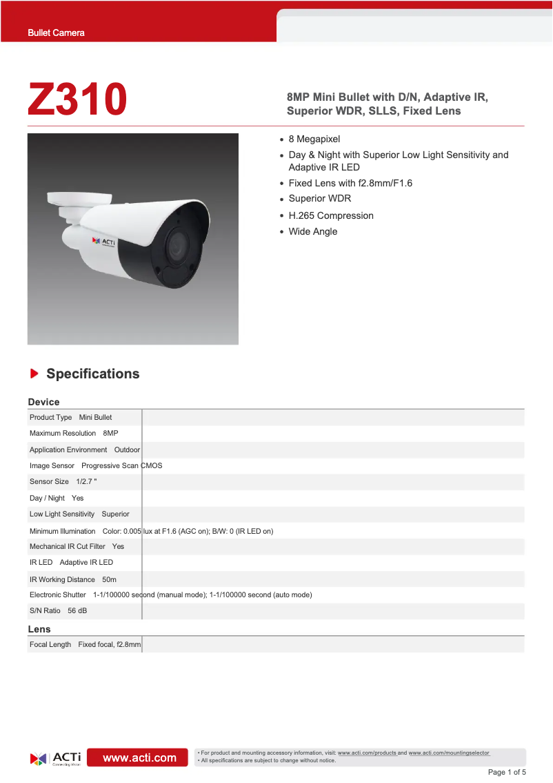 Página 1 del manual Ficha técnica ACTi Z310