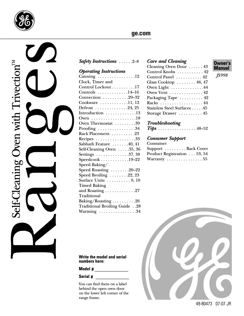 Imagen de la primera página del manual del dispositivo Profile JS998KHCC