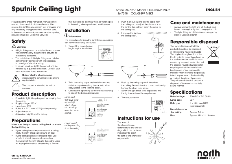 Página 1 del manual Manual de usuario North Light Sputnik 36-7348