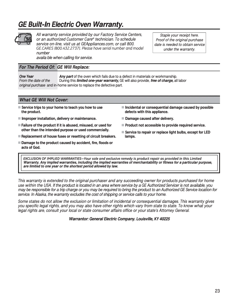 Página 1 del manual Información de garantía GE JRP28SKSS