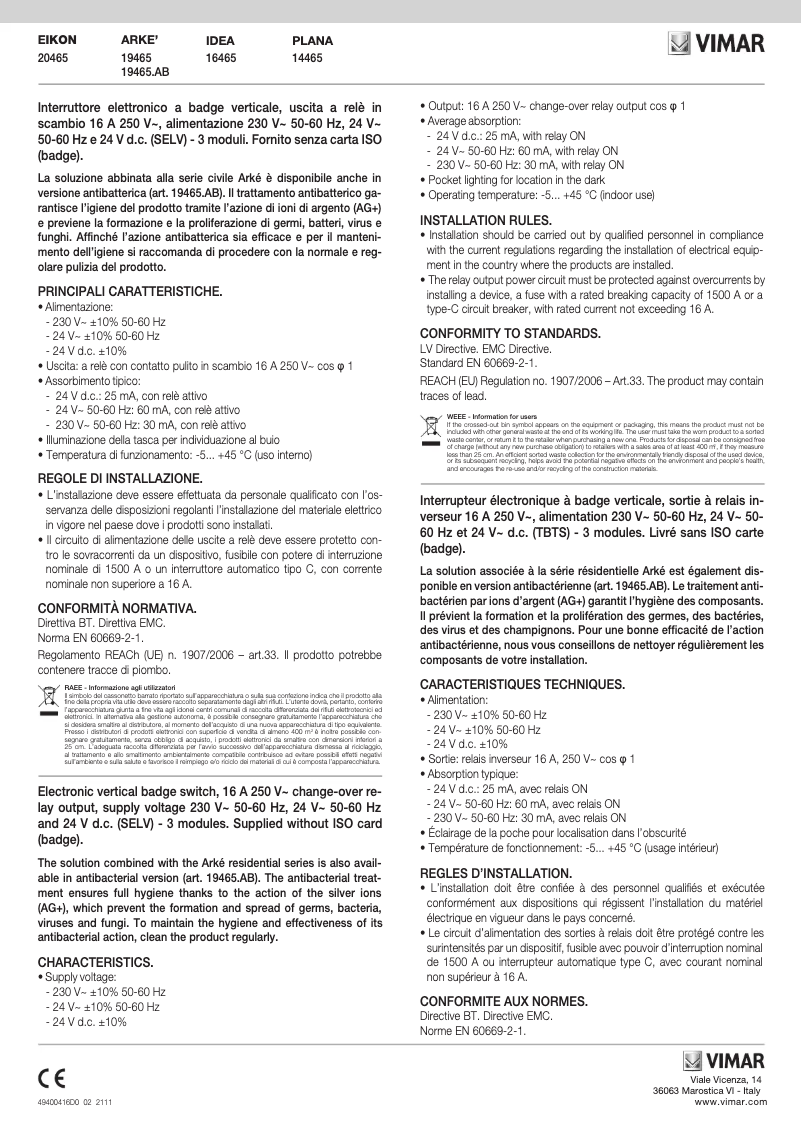 Página nº 1 - Manual de usuario Vimar 19465